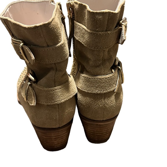 ZARA Tan Suede Gold Studded Point Toe Side Zip Double Buckle Bootie-Size 7.5 - Picture 12 of 16